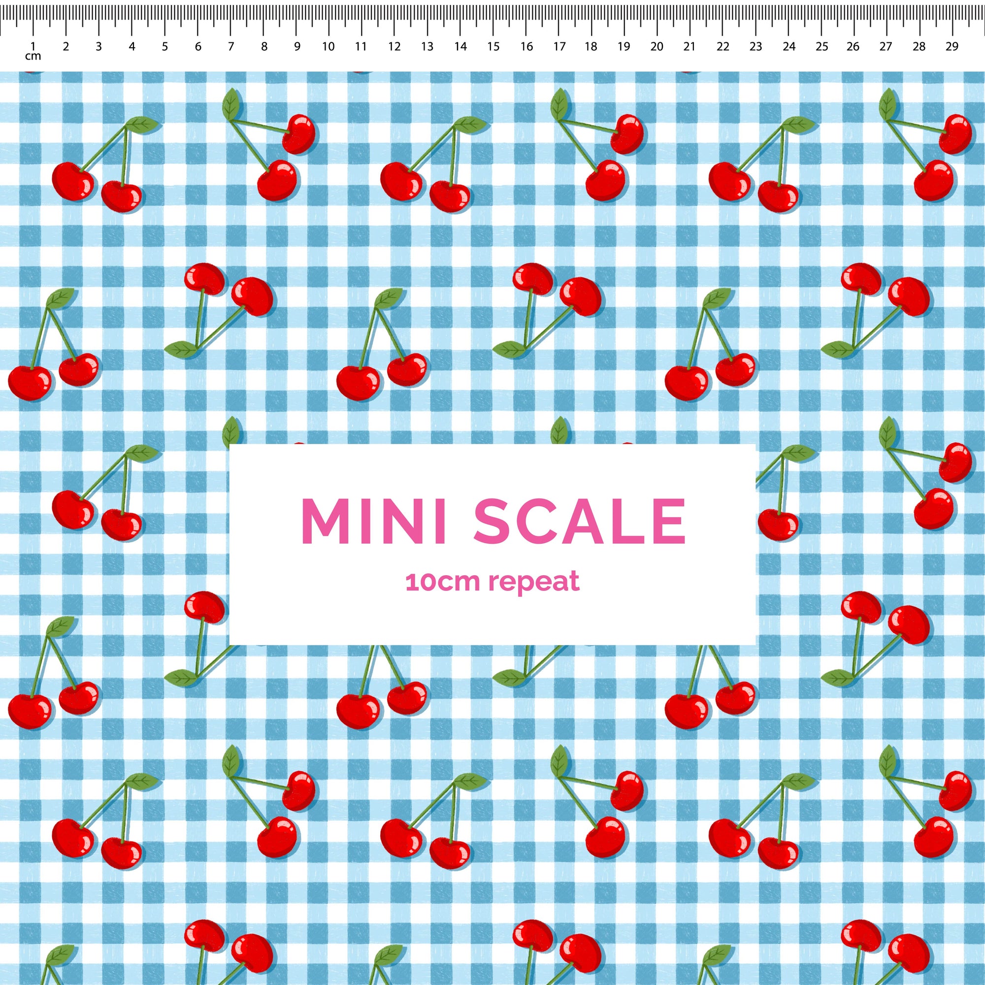 Cherry Bomb (Blue) - 1m - Mini Scale - Cotton Rayon Seersucker