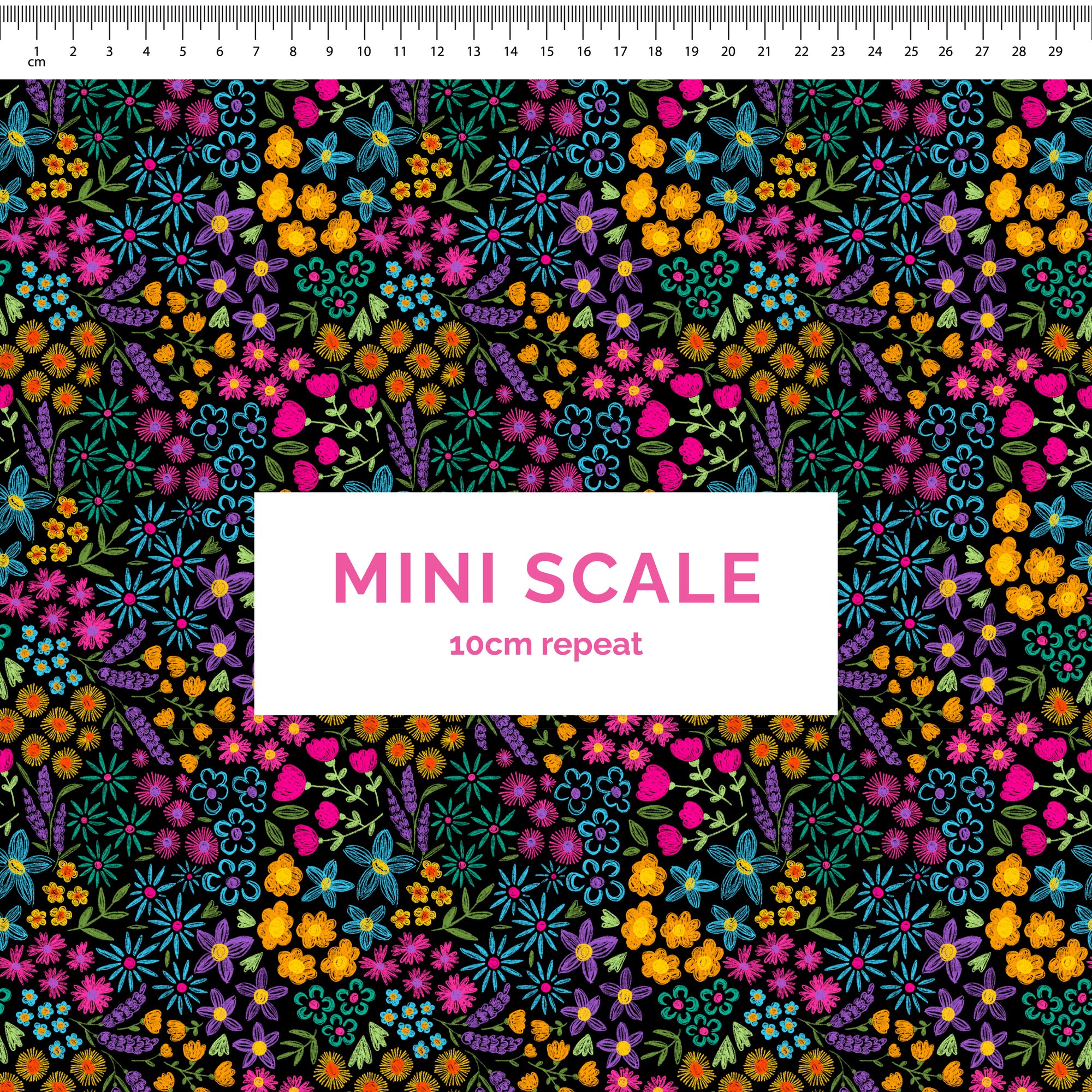 Grace Florals (Black) - 0.5m - Mini Scale - 250gsm Cotton Canvas