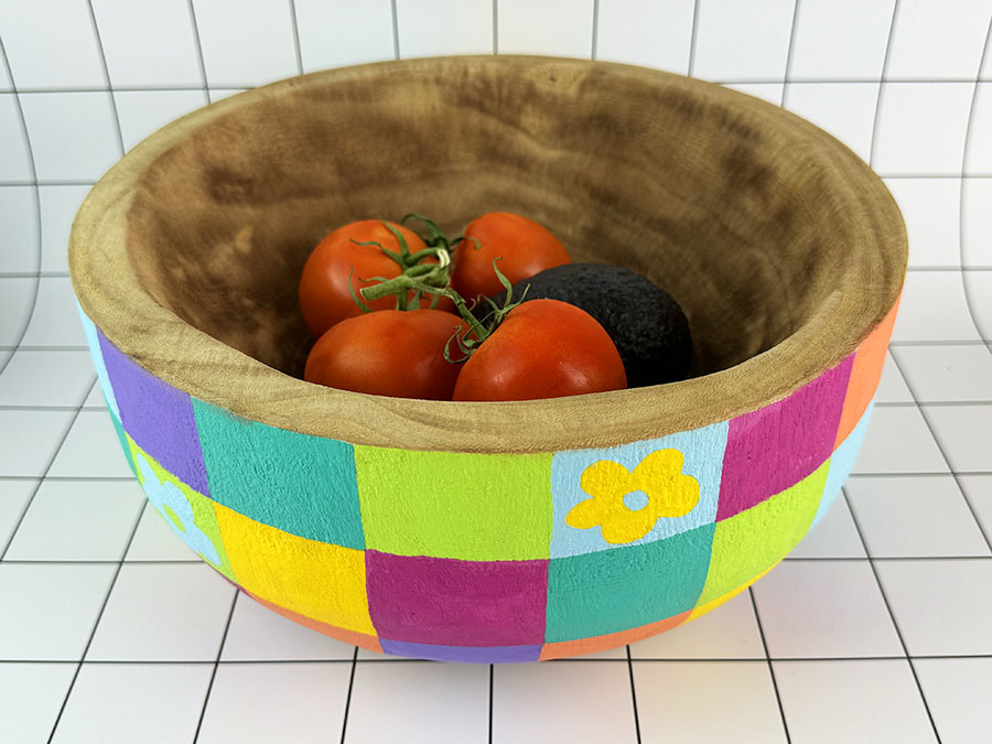 Wooden Bowl: Floral Checkers