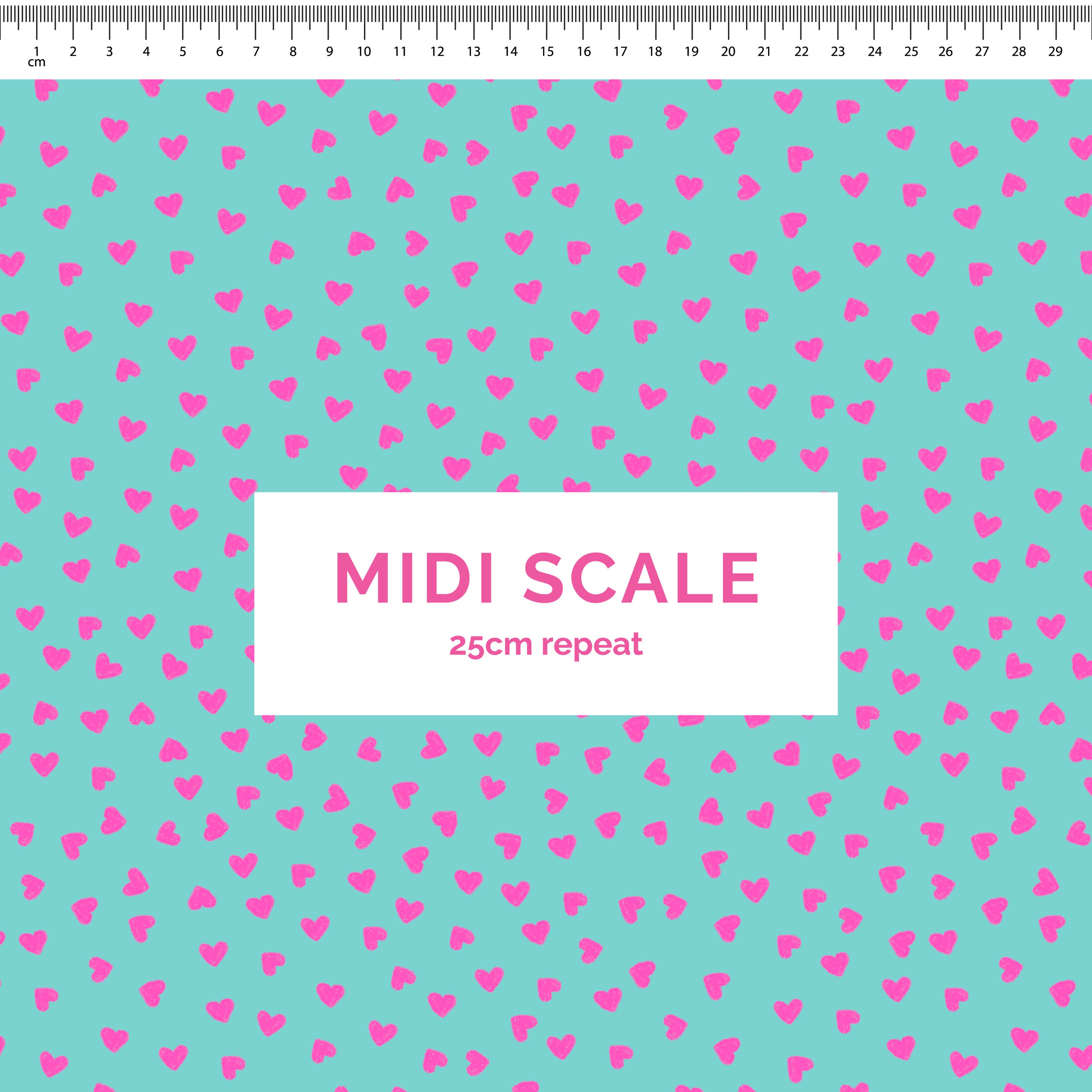 Tiny Hearts (Pink on Teal) - 1m - Midi Scale - Cotton Woven