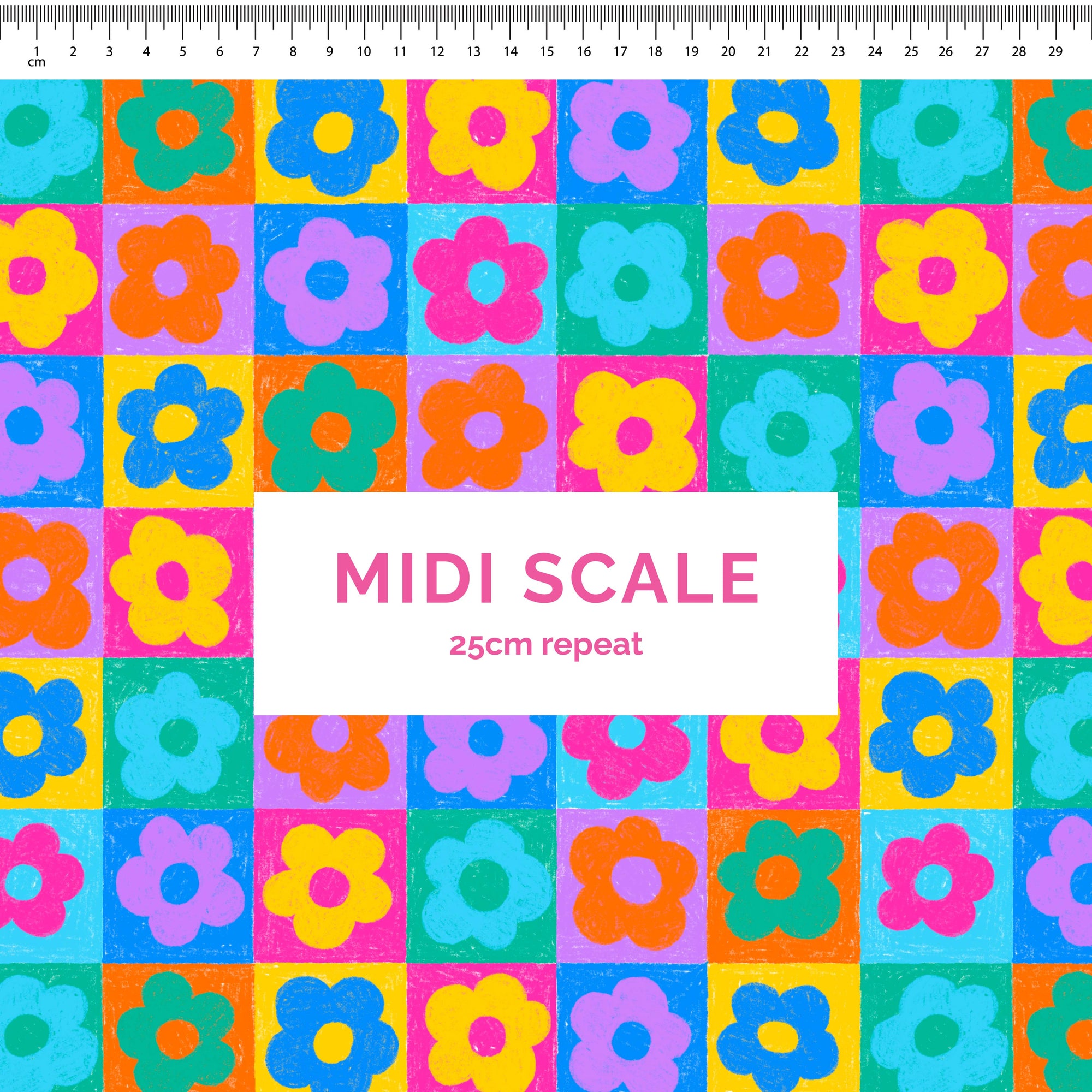 Retro Floral Squares - 1m - Midi Scale - 250gsm Canvas