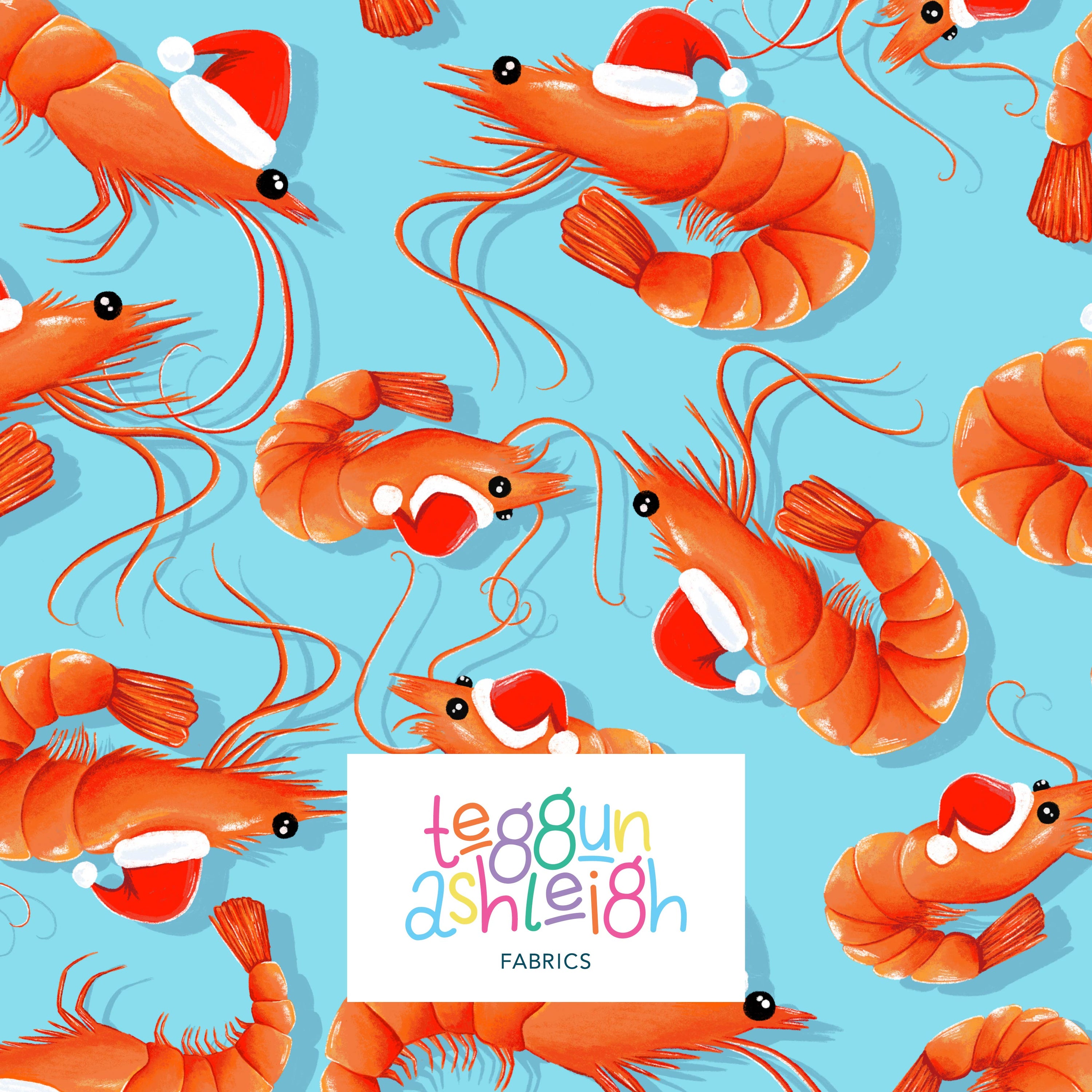 Christmas Prawns (Blue) - 1m - Midi Scale - Cotton Woven