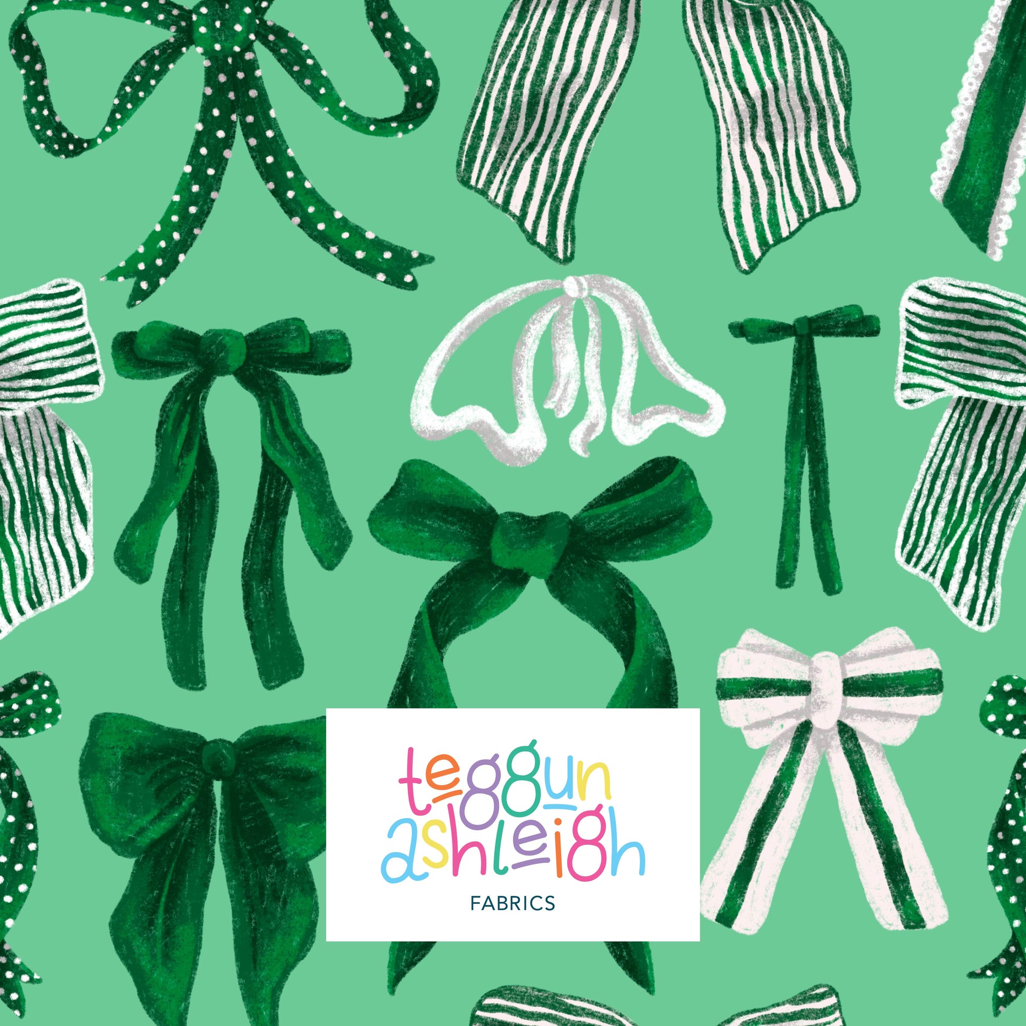 Bows (Green/White on Teal) - 1m - Mini Scale - Cotton Woven