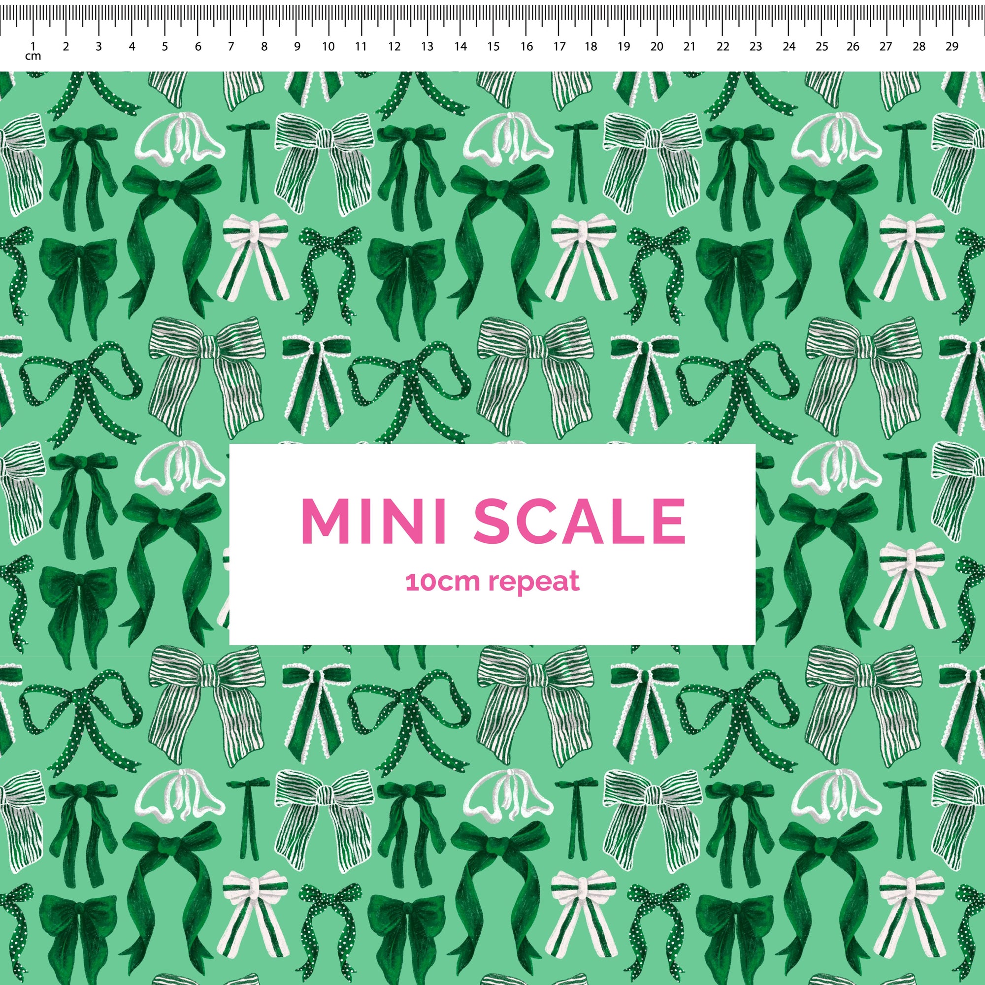 Bows (Green/White on Teal) - 1m - Mini Scale - Cotton Woven