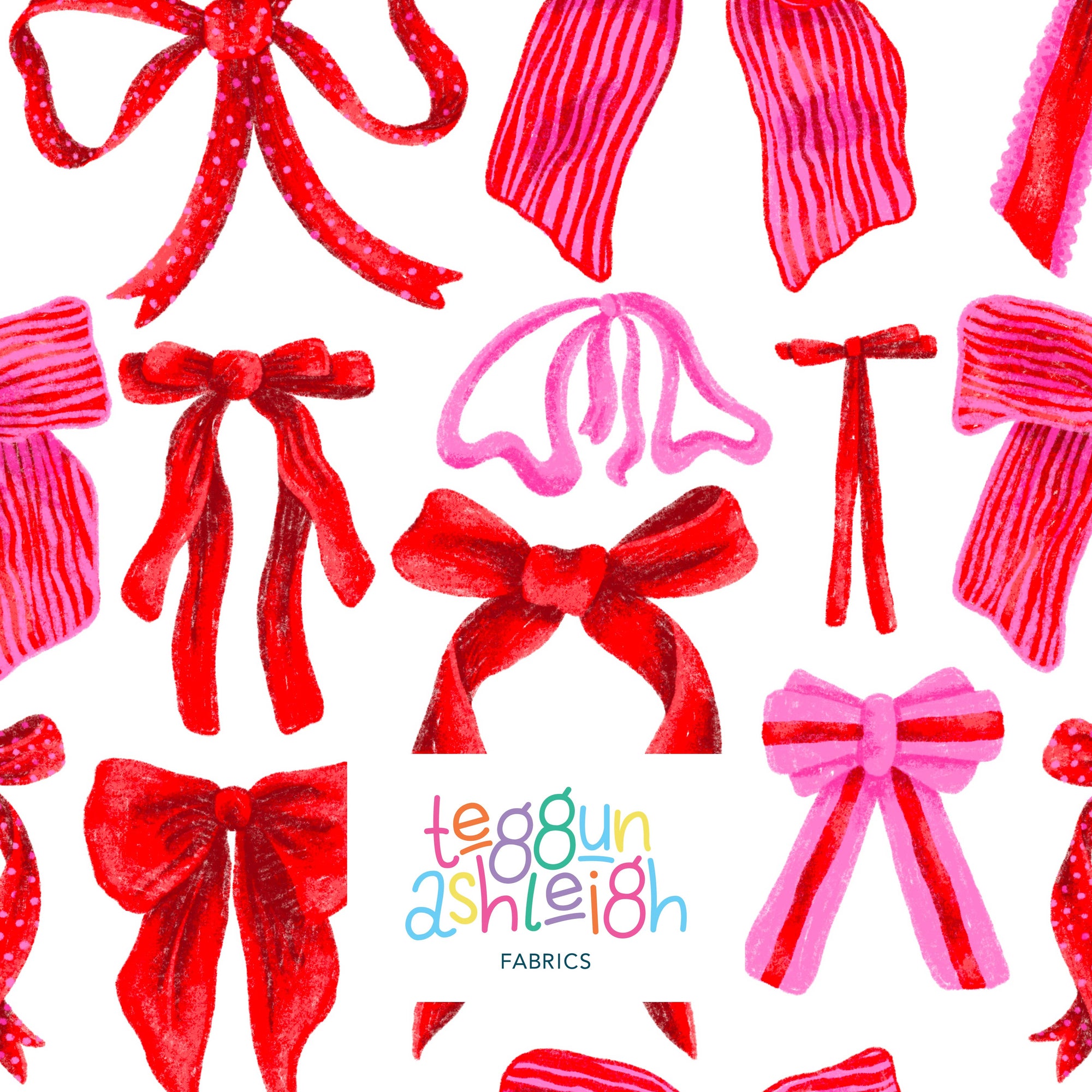 Bows (Red/Pink on White) - 1m - Mini Scale - Cotton Woven