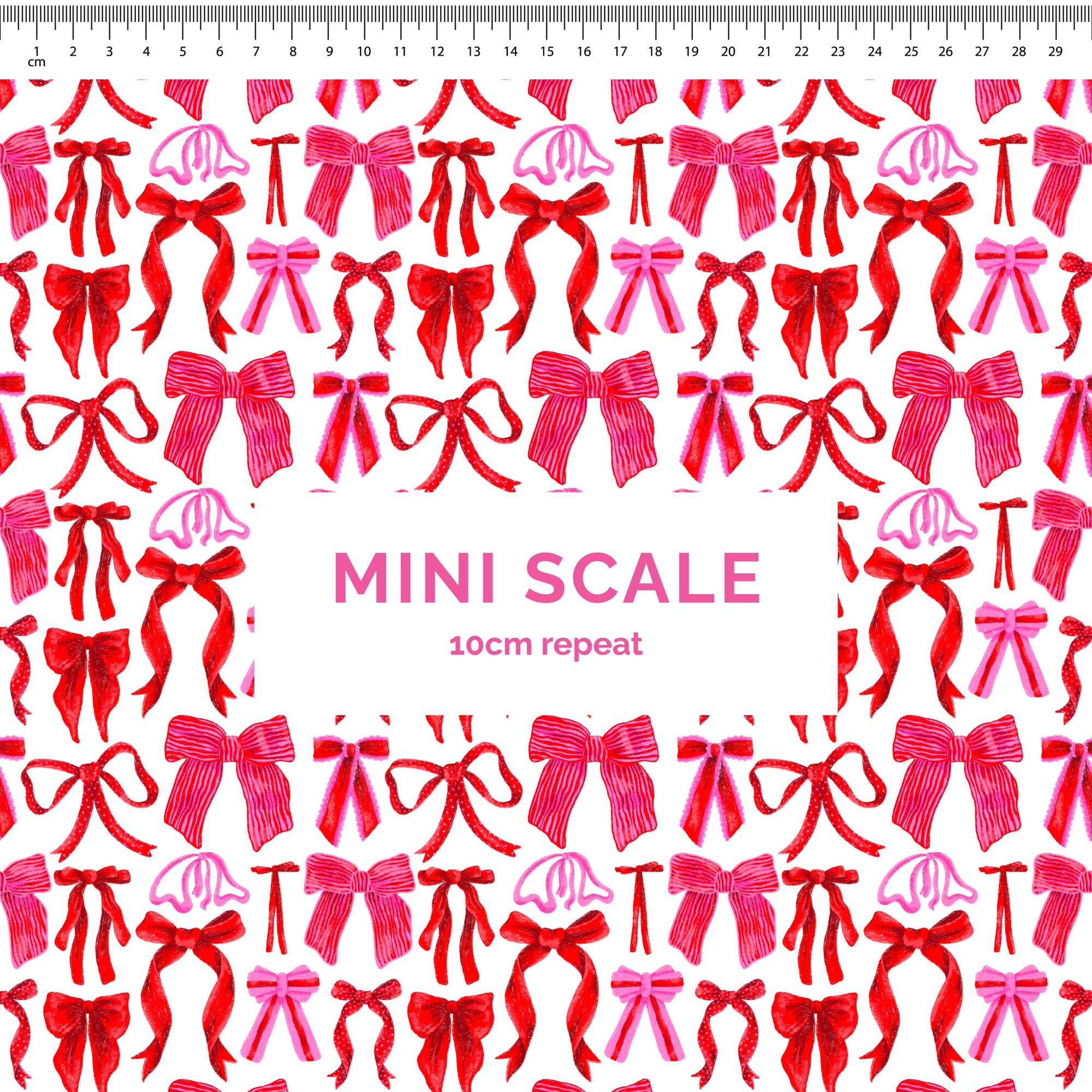 Bows (Red/Pink on White) - 1m - Mini Scale - Cotton Woven