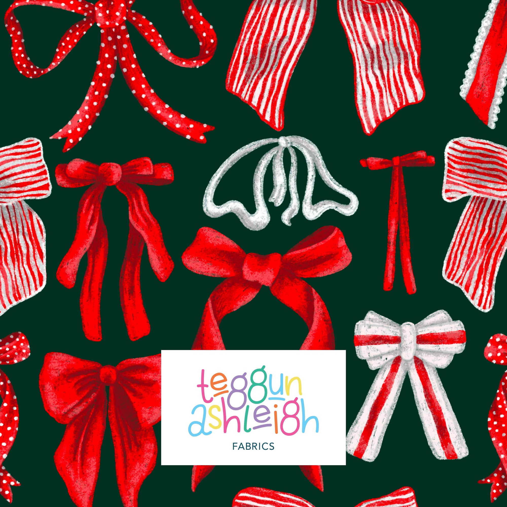 Bows (Red/White on Dark Green) - 1m - Mini Scale - Cotton Woven