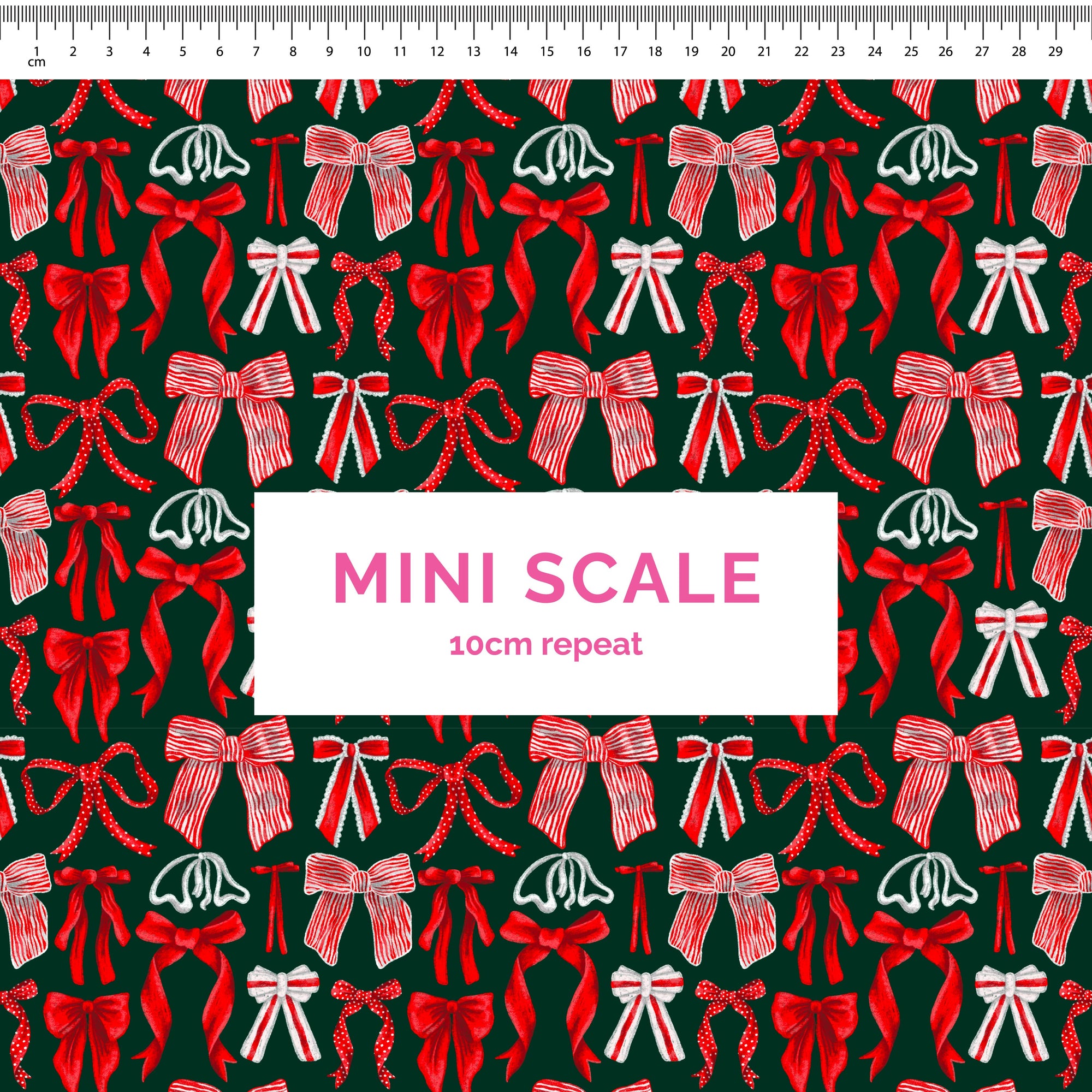 Bows (Red/White on Dark Green) - 1m - Mini Scale - Cotton Woven