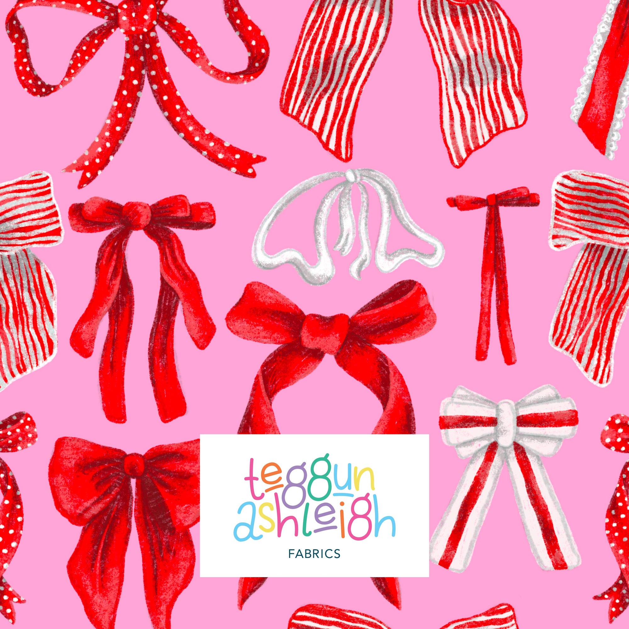 Bows (Red/White on Pink) - 4m - Midi Scale - Cotton Linen