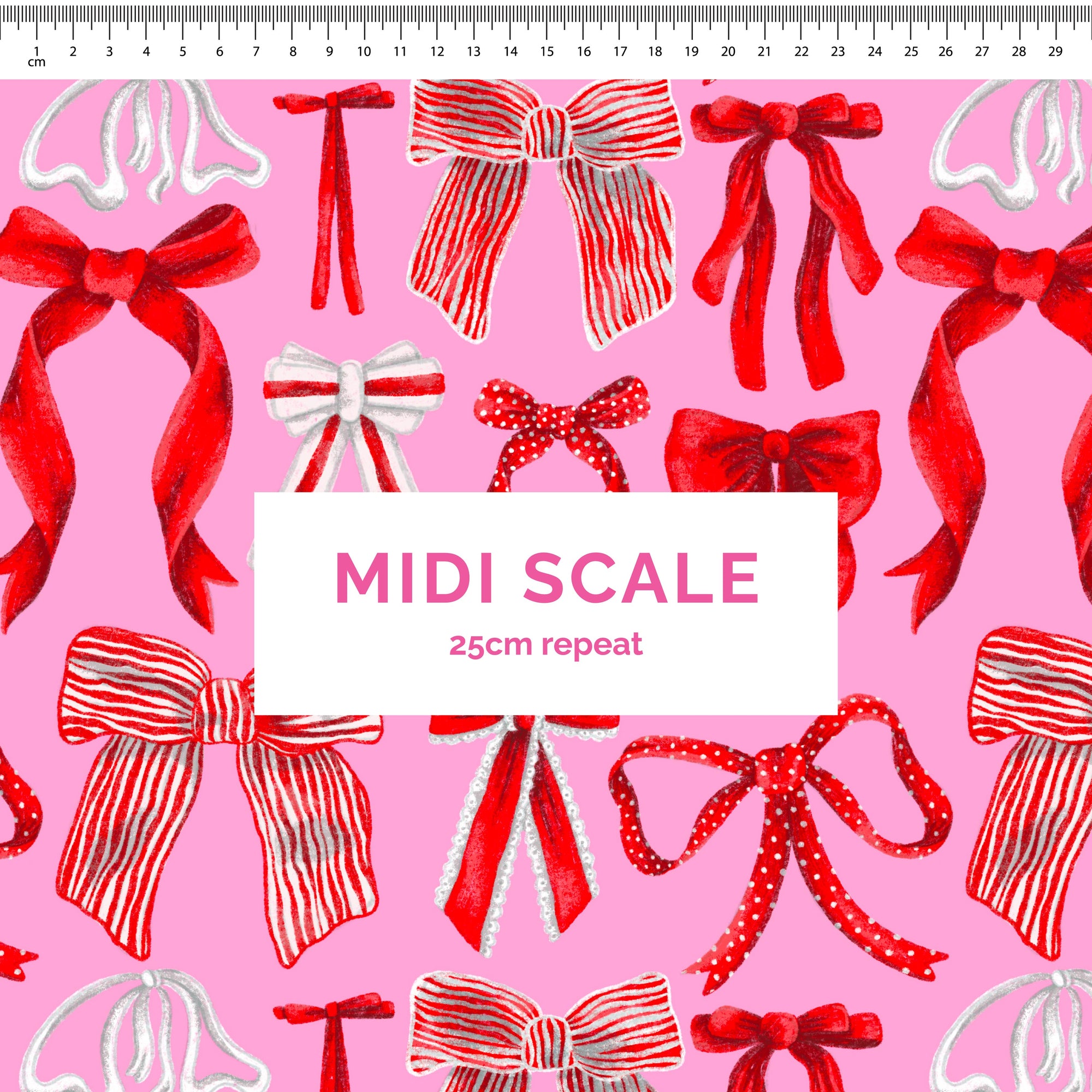 Bows (Red/White on Pink) - 4m - Midi Scale - Cotton Linen